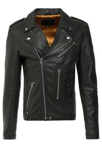 Veste de biker en cuir noir avec des zips argentés, plusieurs poches et doublure orange. Elle présente un col cranté et une coupe structurée.