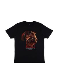 Czarna bawełniana koszulka z grafiką postaci z rogami, trzymającej czaszkę i siekierę. Napis brzmi "Dungeons & Dragons Przygody w Zapomnianych Krainach".