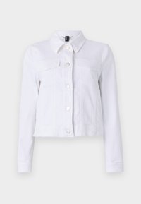Jachetă din denim alb, cu mâneci lungi, închidere cu nasturi, două buzunare pe piept și detalii cu margine brută. Fabricată dintr-un material de bumbac ușor.