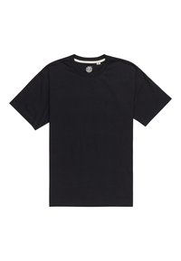 Sort bomulds T-shirt med korte ærmer, rund hals, og et diskret logo broderet på forsiden. Glat tekstur og standard pasform.