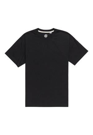Schwarzes Baumwoll-T-Shirt mit kurzen Ärmeln, Rundhalsausschnitt und einem dezenten, auf der Vorderseite gestickten Logo. Glatte Textur und Standardpassform.