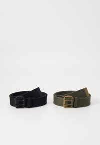Two fabric belts: a black one with a matte black buckle, and an olive green one with a brass buckle. Both are flat, adjustable, and textured.