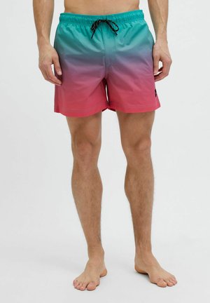 Férfi úszóshort, teal színből pinkbe árnyékoló színátmenettel, rugalmas derékpánttal és húzózsinórral, sima tapintású.