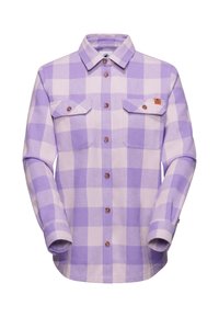 Camicia di flanella a quadri viola e lavanda chiara con maniche lunghe, due tasche sul petto e bottoni marroni. Texture morbida e design del colletto classico.