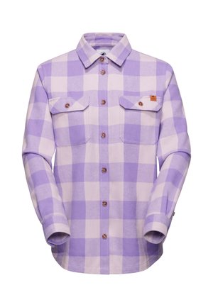 Paarse en licht lila geruite flanellen blouse met lange mouwen, twee borstzakken en bruine knopen. Zachte textuur en een klassiek kraagontwerp.