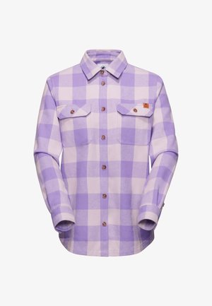 Camicia di flanella a quadri viola e lavanda chiara con maniche lunghe, due tasche sul petto e bottoni marroni. Texture morbida e design del colletto classico.