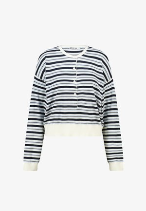 Cropped top met lange mouwen met horizontale strepen in marineblauw, wit en lichtblauw. Knopen aan de voorkant, geribbelde manchetten en halslijn.