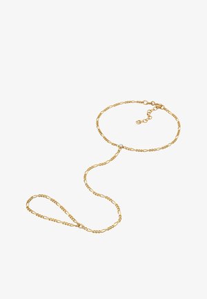 Collar de cadena dorada con formas ovaladas y redondas entrelazadas, que cuenta con una piedra clara central y un cierre de langosta.