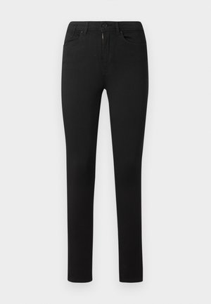 Sorte tætsiddende jeans med en glat tekstur, standard femlomme-design, front med lynlås og knaplukning. Ingen synlige mønstre eller detaljer.