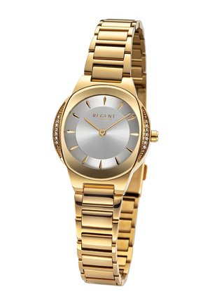 Montre-bracelet en métal doré avec cadran argenté, index et aiguilles dorés, accents en cristal sur les côtés et bracelet à maillons.