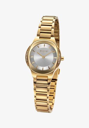 Montre-bracelet en métal doré avec cadran argenté, index et aiguilles dorés, accents en cristal sur les côtés et bracelet à maillons.