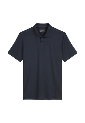 Marineblaues Poloshirt aus Baumwolle, mit klassischem Kragen, zweiknöpfiger Piqué-Leiste und kurzen Ärmeln, mit einer glatten Textur.