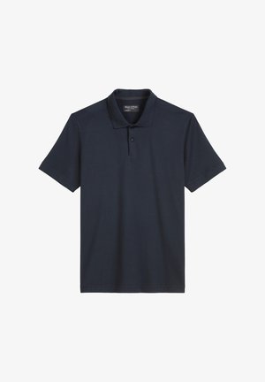 Granatowa koszulka polo z bawełny, z klasycznym kołnierzykiem, zapięciem na dwa guziki i krótkimi rękawami, o gładkiej fakturze.
