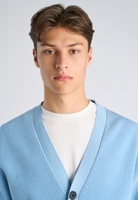 Giovane uomo con capelli castani corti che indossa un cardigan azzurro a coste sopra una maglietta bianca a girocollo, espressione neutra, sfondo semplice grigio chiaro.