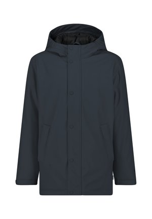 Dunkelblaues, wasserdichtes Jacket mit Kapuze. Verfügt über Druckknöpfe, zwei Seitentaschen und eine glatte Textur. Gerader Schnitt und mittellanges Design.