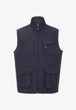 Granatowa bezrękawnik wykonany z trwałego materiału, z wysokim kołnierzem, przednim zamkiem, dużymi kieszeniami z przodu oraz małą kieszenią na górze.