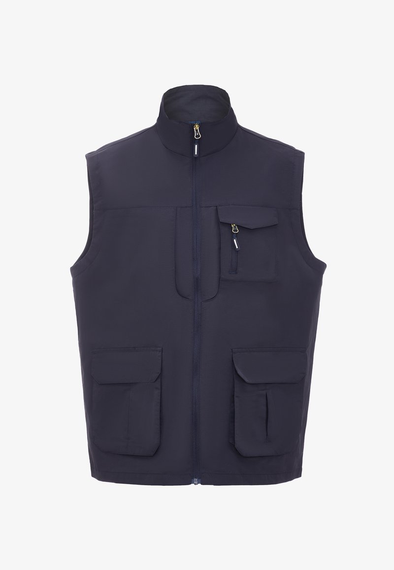 Marineblaue ärmellose Weste aus strapazierfähigem Material mit hohem Kragen, Frontreißverschluss, großen Fronttaschen und einer kleinen Oberschenkeltasche.