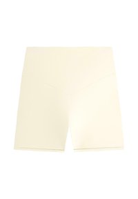 High-waisted cream-colored seamless shorts with a V-shaped waistband and mid-thigh length, displayed against a white background.