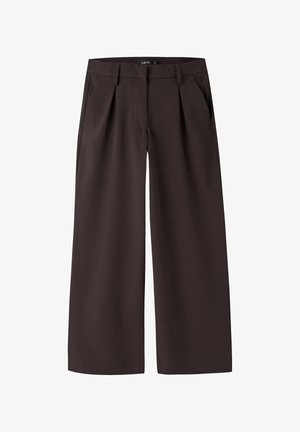 Dark brown wide-leg trousers with belt loops, front pleats, and side pockets, displayed against a white background.