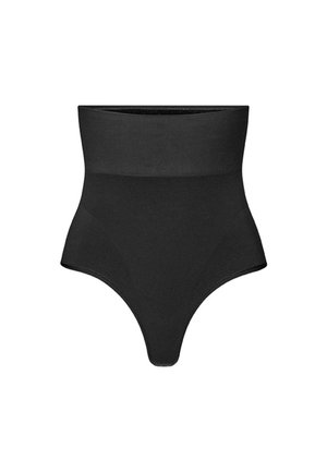 Schwarze hoch taillierte Shapewear-Panty mit glattem, nahtlosem Design und breitem Bund für Bauchkontrolle und Körperformung.