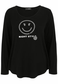 Schwarzes Langarm-T-Shirt aus weichem Material mit einem Smiley-Gesicht-Design und dem Text "RIGHT STYLE" in weißen Strasssteinen.