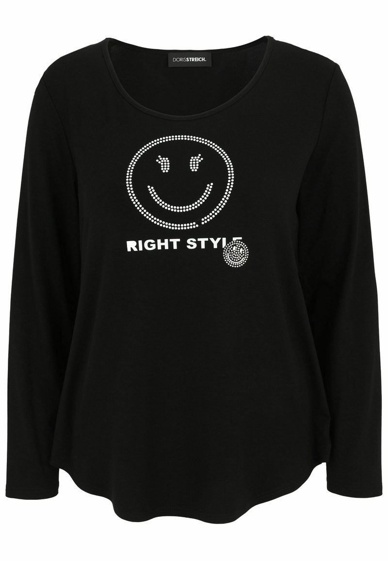 Schwarzes Langarm-T-Shirt aus weichem Material mit einem Smiley-Gesicht-Design und dem Text "RIGHT STYLE" in weißen Strasssteinen.
