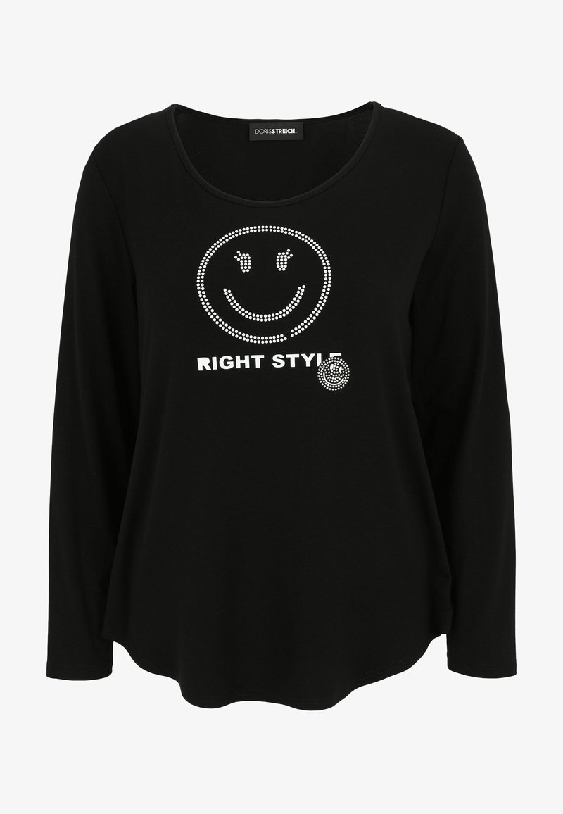 Schwarzes Langarm-T-Shirt aus weichem Material mit einem Smiley-Gesicht-Design und dem Text "RIGHT STYLE" in weißen Strasssteinen.