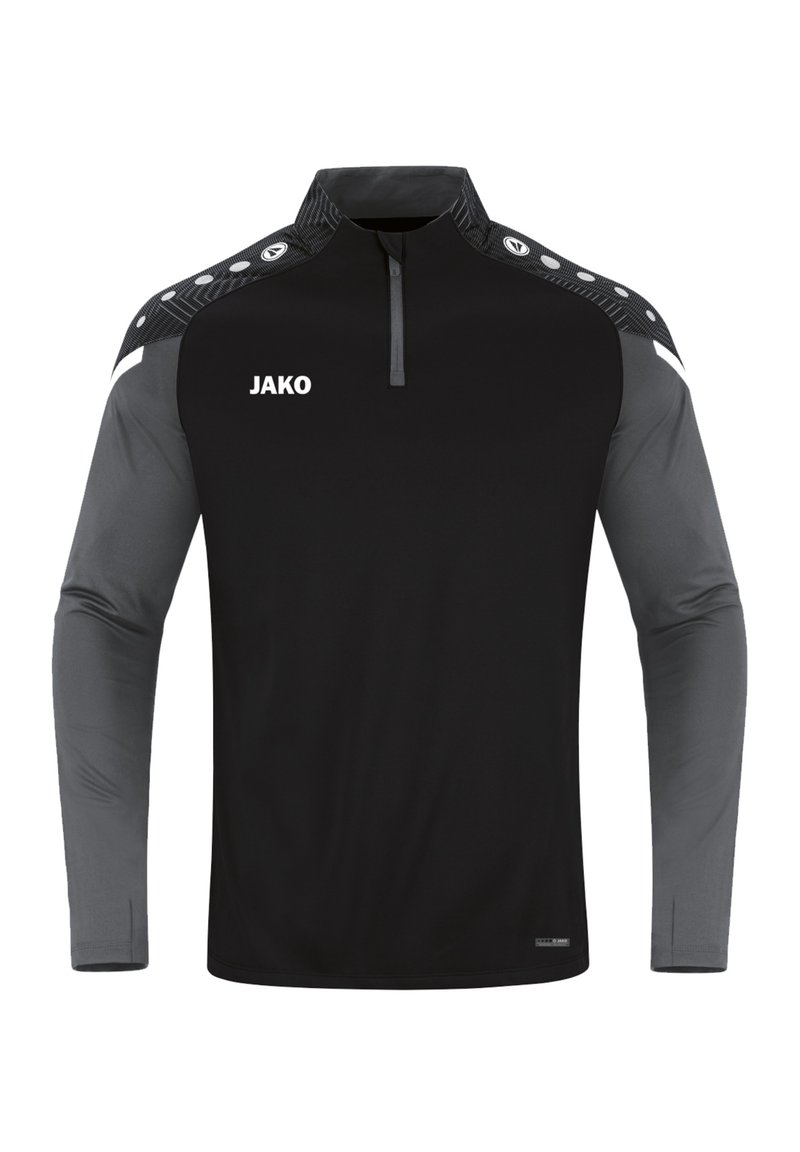 Langsleeve atletiekshirt in zwart en grijs, met een halve rits, gestreepte zwarte schouderaccenten en een wit logo op de voorkant.