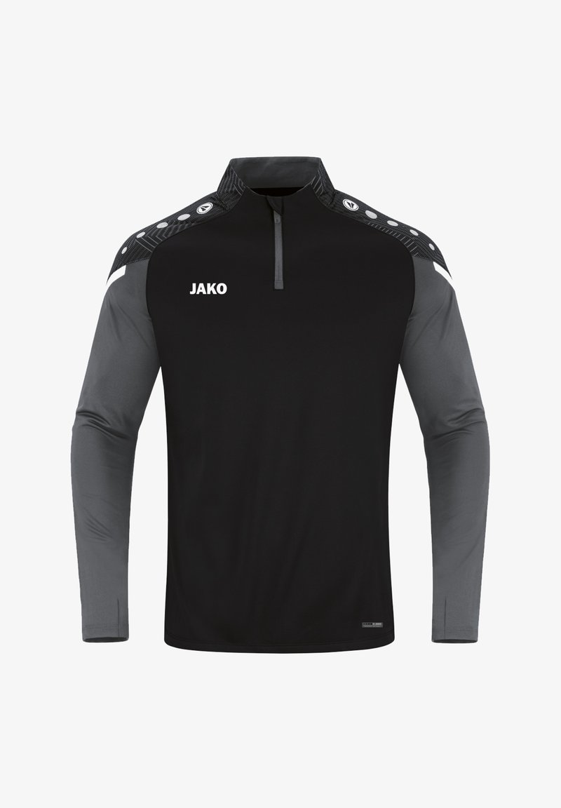 Langärmliges Sportoberteil in Schwarz und Grau, mit halbem Reißverschluss, gemusterten schwarzen Schulterakzenten und weißem Logo auf der Vorderseite.