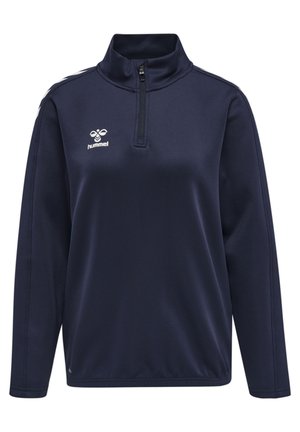 Dunkelblauer Langarm-Pullover mit hohem Kragen, kurzem Reißverschluss vorne und Hummel-Logo. Hergestellt aus glattem, leichtem Stoff. Die Silhouette ist locker.