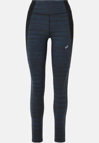 Czarno-niebieskie sportowe legginsy w paski z wysokim stanem, charakteryzujące się gładką teksturą i małym logo na dolnej części nogawki.