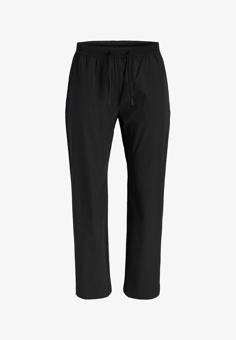 Pantalon décontracté noir avec ceinture élastique et cordon ajustable, coupe droite, présenté sur fond blanc.