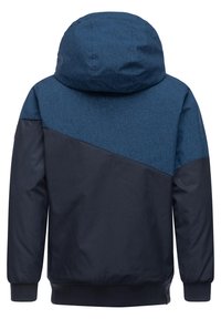 Giacca con cappuccio caratterizzata da una parte superiore blu testurizzata e da sezioni inferiori di un solido color navy, con polsini e orlo elastici per una vestibilità aderente.