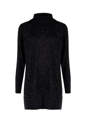 Schwarzer Rollkragenpullover mit lockerer Passform, langen Ärmeln und einer glitzernden Textur mit silbernen Akzenten.