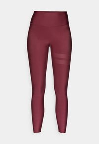 Bordowe legginsy pełnej długości z wysokim stanem, wykonane z gładkiego, elastycznego materiału, z poziomymi siateczkowymi paskami po bokach.