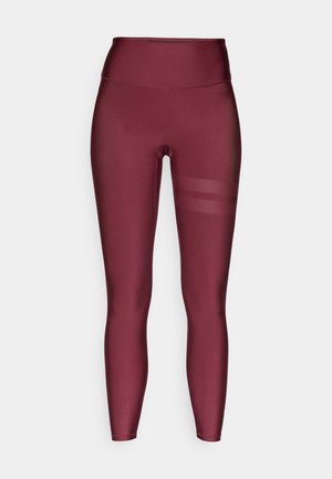 Burgundijas krāsas pilna garuma legingi ar augstu vidukļa joslu, izgatavoti no gluda, elastīga materiāla, ar horizontālām acs svītrām sānos.