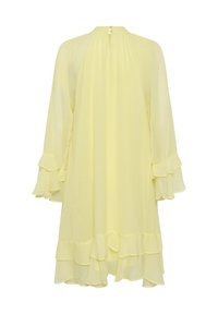 Yellow, lightweight dress with a high neck, flowing design, and ruffled sleeves. Features a keyhole back and layered ruffle hem.