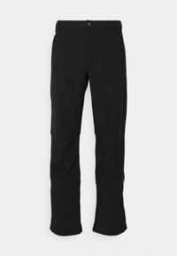 Black soft-shell pants with a smooth texture, featuring a button closure, side zip pockets, and a relaxed fit with slightly flared legs.