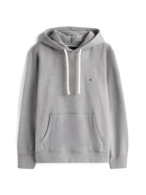 Gray hoodie with a drawstring hood, front pouch pocket, and ribbed cuffs. Features a small logo on the left chest. Soft cotton blend material.