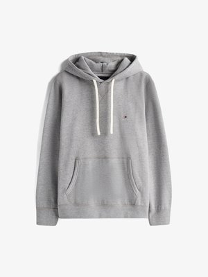 Gray hoodie with a drawstring hood, front pouch pocket, and ribbed cuffs. Features a small logo on the left chest. Soft cotton blend material.