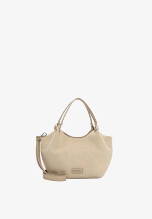 Bolso de mano de cuero beige con doble asa superior, correa de hombro desmontable y un pequeño logo de marca rectangular en la parte frontal.