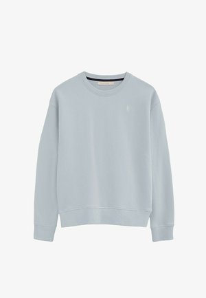 Sweatshirt bleu clair à col rond avec manches longues, poignets et ourlet côtelés, et petit logo Polo Club sur le côté gauche de la poitrine.