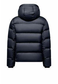 Giubbotto imbottito blu navy con cappuccio, caratterizzato da un motivo a trapuntatura e polsini elasticizzati, realizzato in un materiale liscio e resistente all'acqua.