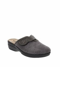 Scarpa slip-on in suede grigio con un design floreale ricamato, cinturino regolabile e suola in gomma nera bassa per comfort e supporto.