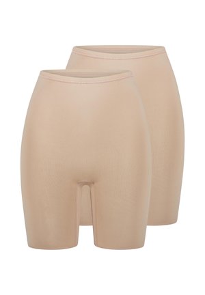 Zwei Paare beige nahtlose, hoch taillierte Shaping-Shorts mit mittlerer Oberschenkellänge, vor weißem Hintergrund dargestellt.