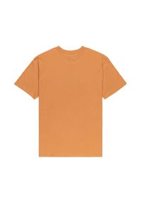 Lyhythihainen t-paita tasaisesta oranssista puuvillasta, jossa on pyöreä kaula-aukko ja suora helmavuori. Silkkinen pinta ilman näkyviä kuvioita tai grafiikoita.