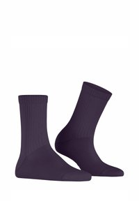 Calzini in cotone viola a costine, con lunghezza a metà polpaccio, texture liscia e punta e tallone rinforzati per una maggiore durata.