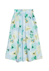 Vaalean sininen kukkamekko, jossa on kootun joustavan vyötärönauhan. Kokonaisuudessaan vesivärityyliset vihreät ja keltaiset kukkakuviot.