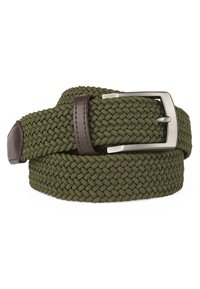 Cinturón de tela verde trenzada con hebilla de metal plateado y acentos de cuero marrón, que presenta tejidos texturizados y un diseño flexible.