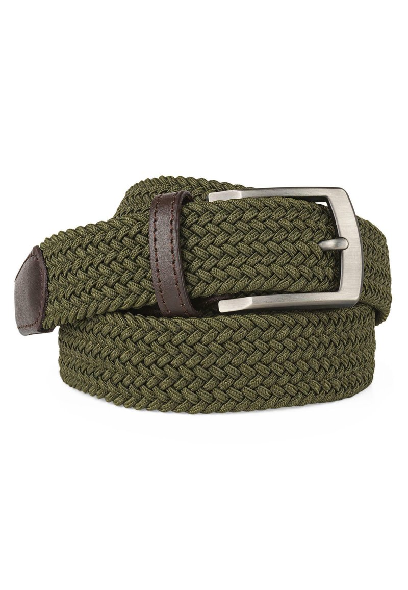 Cinturón de tela verde trenzada con hebilla de metal plateado y acentos de cuero marrón, que presenta tejidos texturizados y un diseño flexible.
